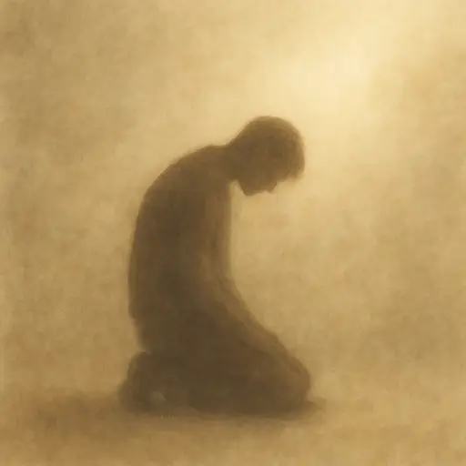 illustration fine art représentant une silhouette agenouillée dans une lumière dorée, symbolisant la honte et le début de la guérison intérieure.