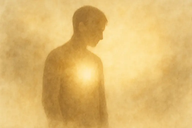 Illustration fine art représentant une silhouette humaine baignée de lumière dorée émanant du cœur, symbolisant la mémoire du corps et la guérison du trauma complexe.