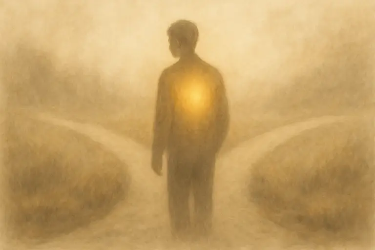 llustration fine art représentant une silhouette humaine à un carrefour lumineux, symbolisant le choix entre peur et confiance dans le processus de guérison du trauma complexe.