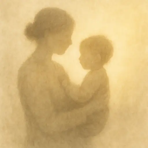 Silhouette d’une mère tenant son enfant dans une lumière dorée, symbolisant la relation maternelle complexe et la blessure émotionnelle.