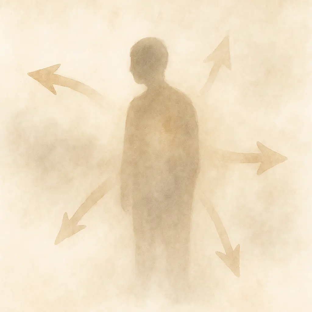 Illustration symbolique des quatre réponses de survie au traumatisme complexe : combattre, fuir, se figer et s’adapter, dans des tons beige et doré.