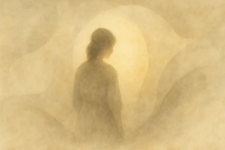 Illustration fine art symbolique représentant une silhouette avançant vers une lumière dorée, évoquant la guérison et la restauration des besoins fondamentaux après un traumatisme complexe.