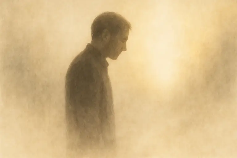 Illustration fine art symbolisant le trauma complexe chez l’adulte, une silhouette humaine avançant vers une lumière dorée dans des tons beige et sable.