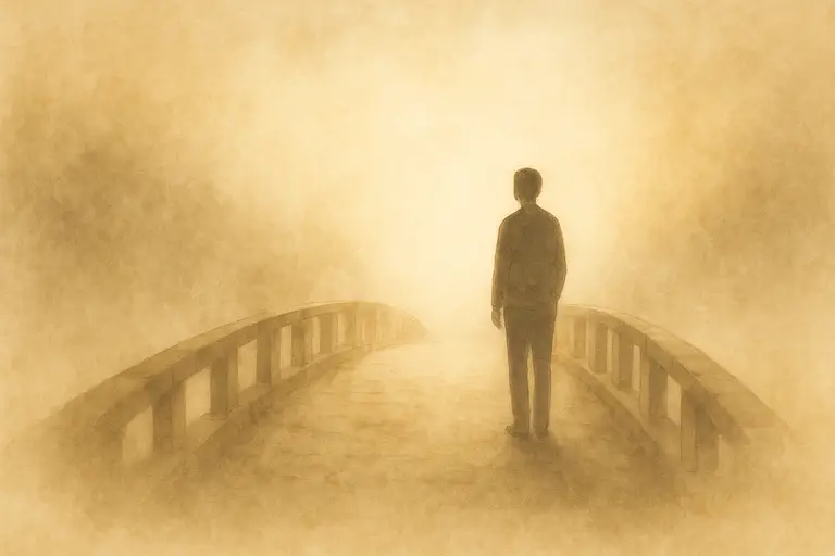 Illustration fine art représentant une silhouette humaine debout sur un pont lumineux, symbolisant la confiance retrouvée et la guérison du trauma complexe.